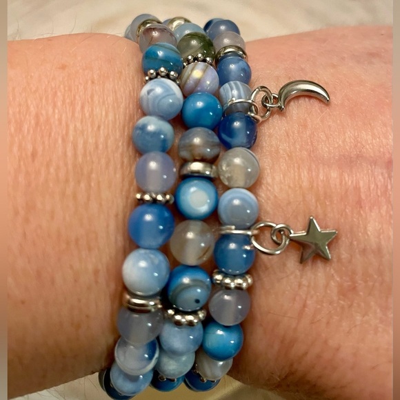 Moon & Star Charm Bracelet Set, 3, Blue agate gemstones, stretch, silver details - Picture 7 of 8
